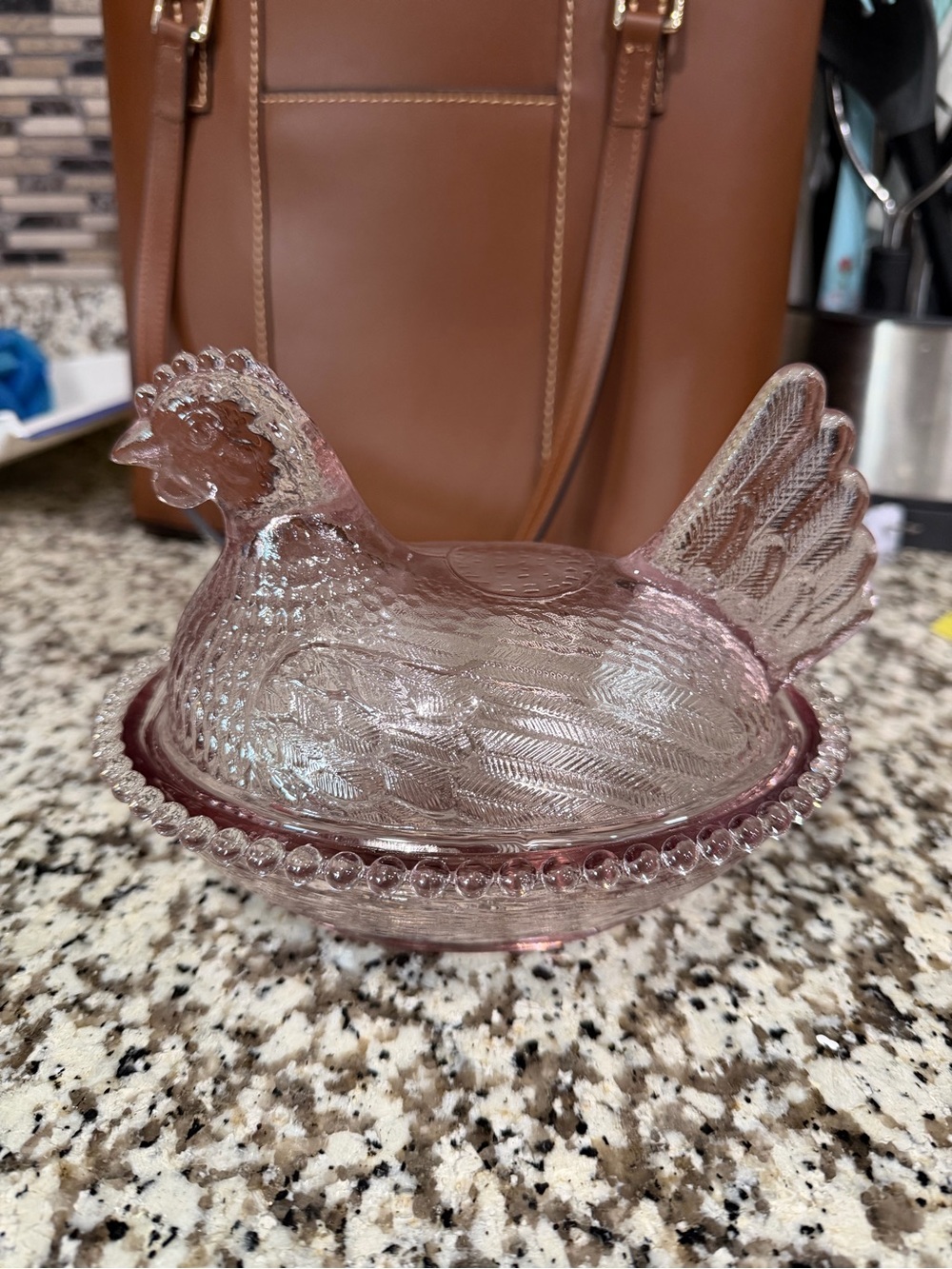 Source Unknown Pink Pressed Glass Hen on Nest Dish